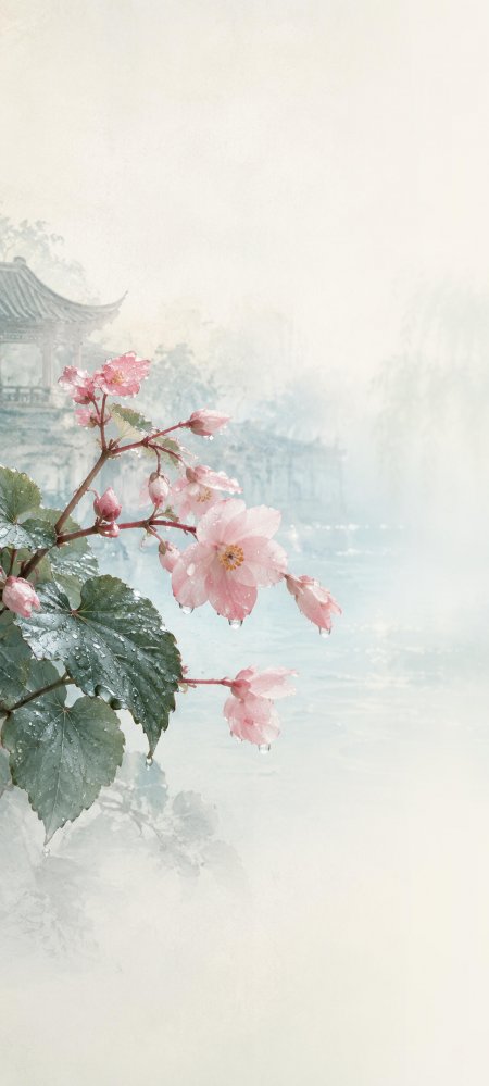 粉色海棠雨滴烟雨江南古风意境古风手机壁纸