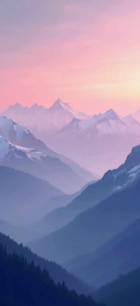 粉紫晚霞层叠雪山森林剪影风景手机壁纸