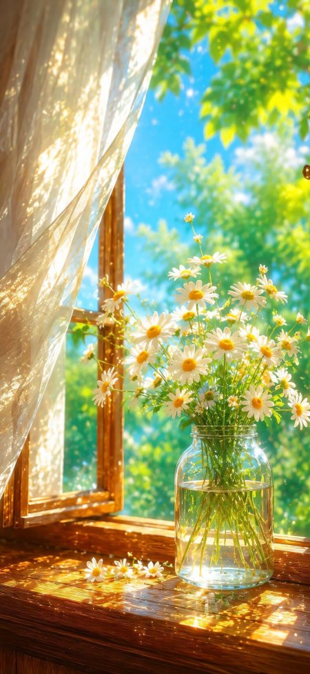 窗台雏菊花瓶阳光绿意清新花卉手机壁纸
