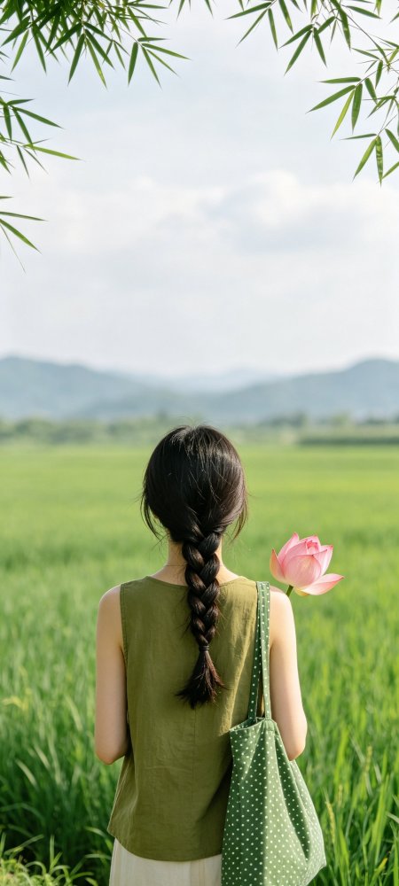 背影辫子女生手持粉荷田野纹理手机壁纸