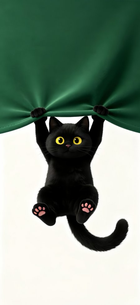 大眼睛黑猫悬挂绿布搞怪可爱卡通动漫手机壁纸