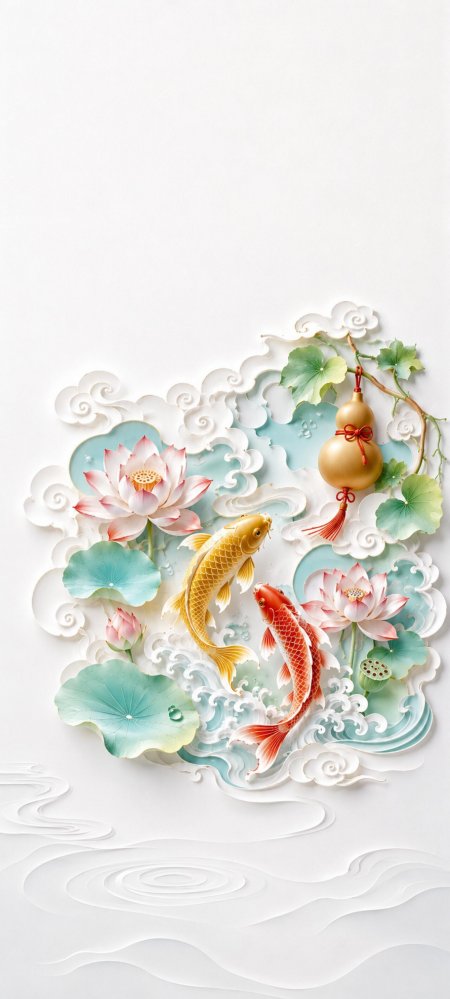 国风锦鲤荷花宝葫芦吉祥浮雕插画动漫手机壁纸