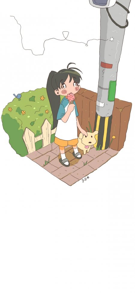 吃冰淇淋摸小狗夏日手绘少女动漫手机壁纸