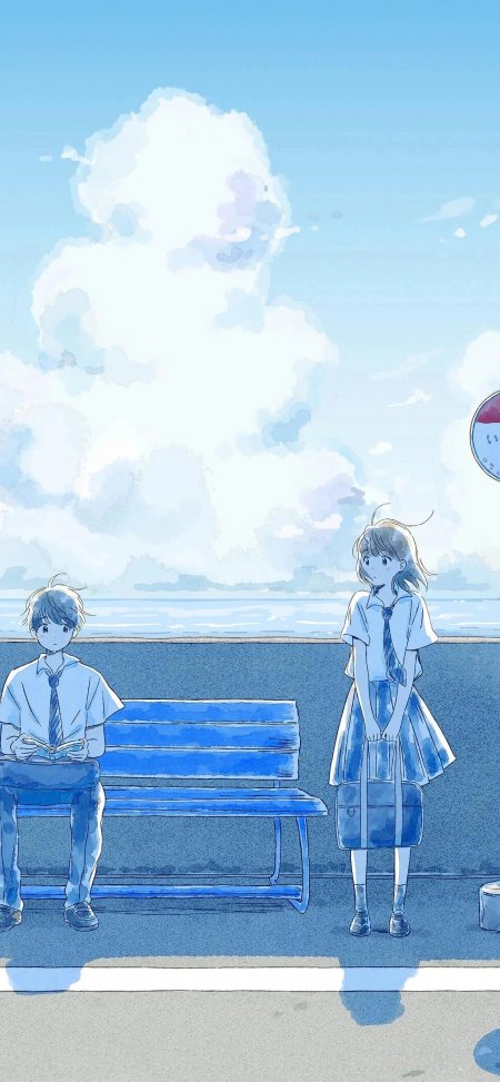 海边站台校服少年少女夏日读书动漫手机壁纸