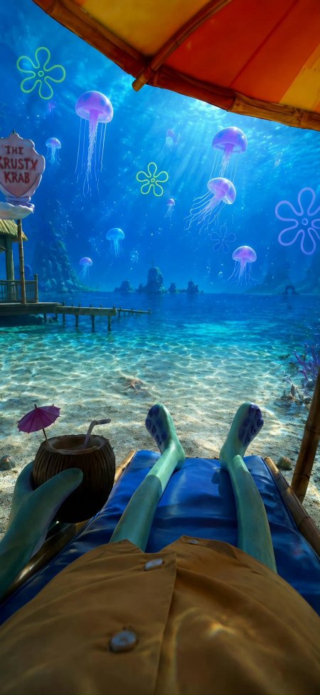 海绵宝宝章鱼哥沙滩度假视角动漫手机壁纸