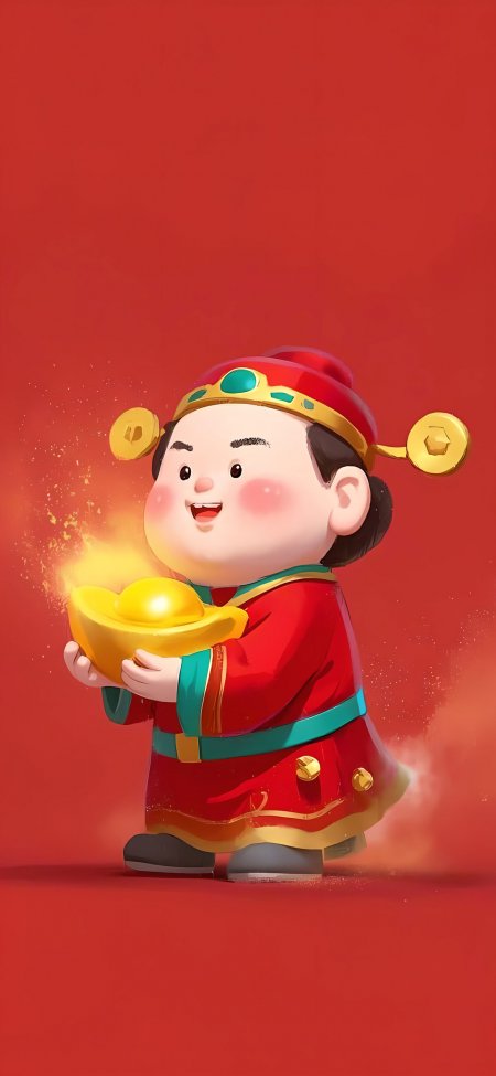 红底可爱财神手捧发光元宝招财动漫手机壁纸