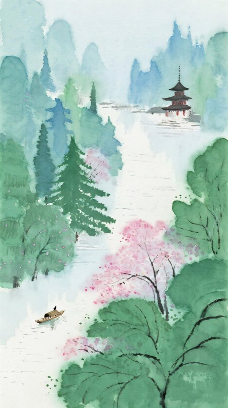 国风水墨桃花扁舟古塔唯美花卉手机壁纸