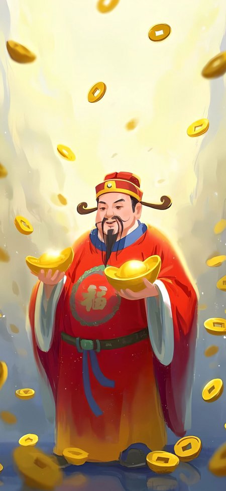 红袍财神双手元宝天降铜钱招财动漫手机壁纸