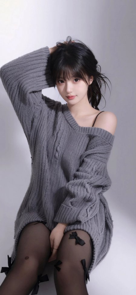 灰色露肩毛衣蝴蝶结黑丝慵懒美女手机壁纸