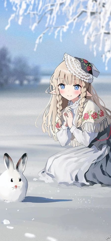 金发精灵少女白兔雪地治愈插画动漫手机壁纸