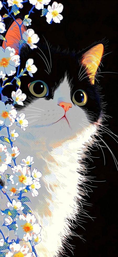 黑白猫白花大眼睛插画萌宠动漫手机壁纸