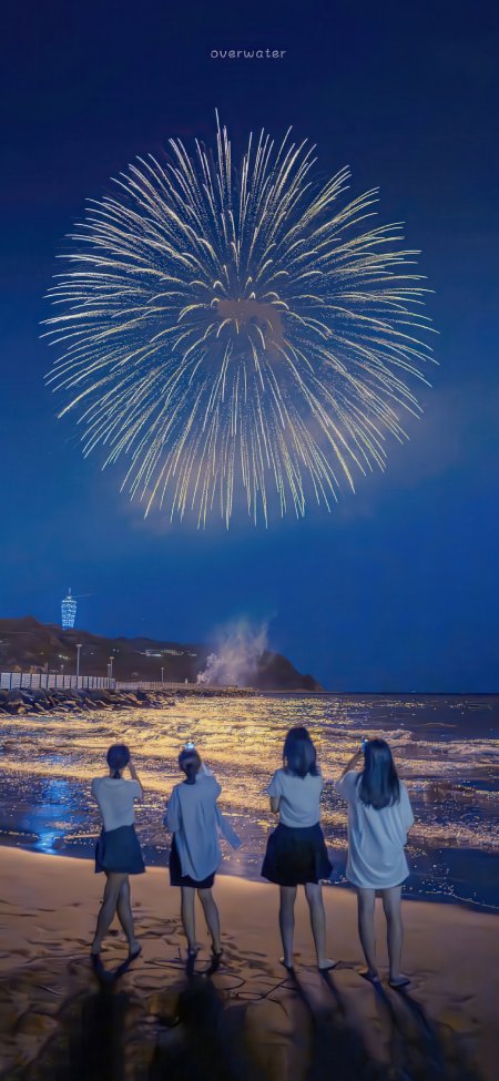 海边沙滩烟花夜景美女背影美女手机壁纸