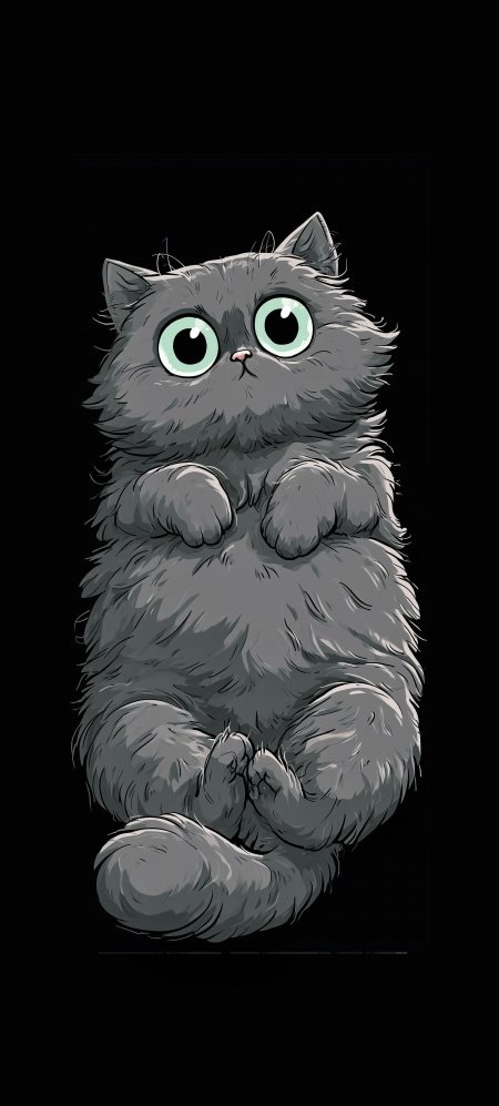 灰色大眼蓬松小猫黑底呆萌卡通动漫手机壁纸
