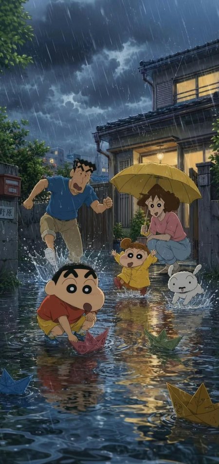蜡笔小新一家雨天纸船温馨卡通动漫手机壁纸