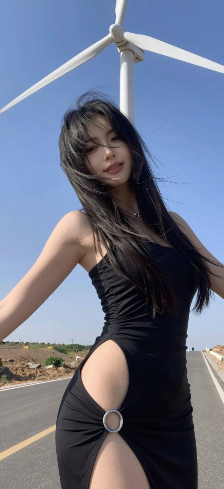 蓝天风车公路开衩黑裙阳光时尚美女手机壁纸