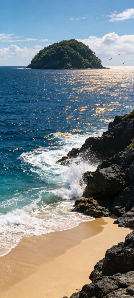 蓝海孤岛礁石阳光夏日风景手机壁纸