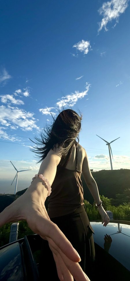 蓝天风车天窗伸手背影旅行美女手机壁纸
