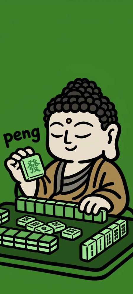 绿色搞怪佛祖打麻将发财简约插纹理手机壁纸