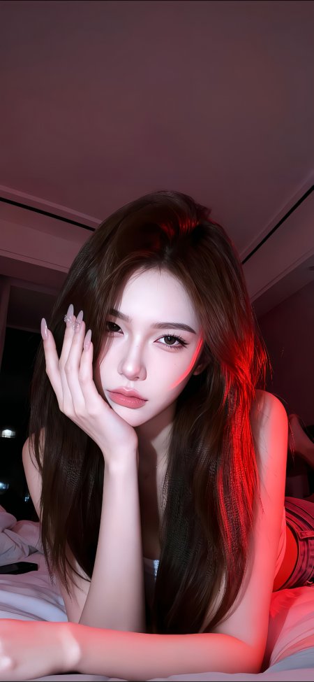 红光长发美女床上凝视摄影美女手机壁纸