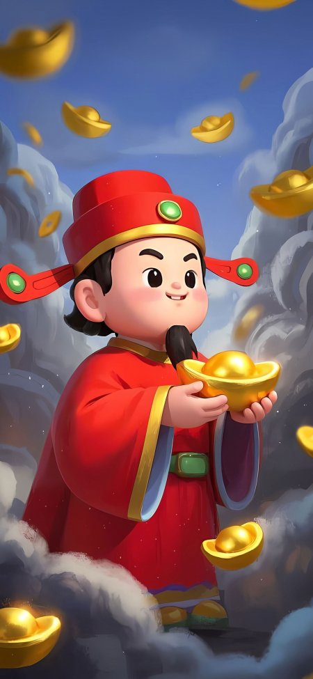 立体卡通财神祥云捧金元宝招财动漫手机壁纸