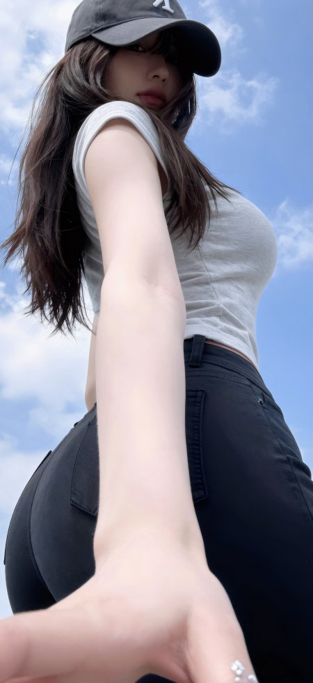 棒球帽紧身灰衣仰拍酷飒美女手机壁纸