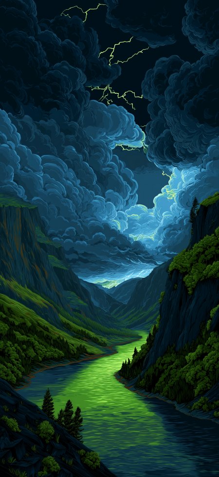 暴雨闪电峡谷荧光绿河流奇幻风景手机壁纸