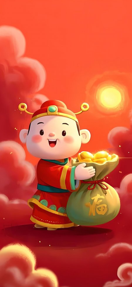 萌版财神爷捧福袋金元宝喜庆招动漫手机壁纸