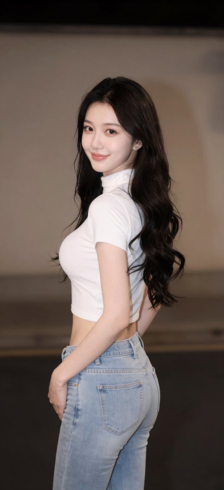 白色露脐装牛仔裤回眸甜酷美女手机壁纸