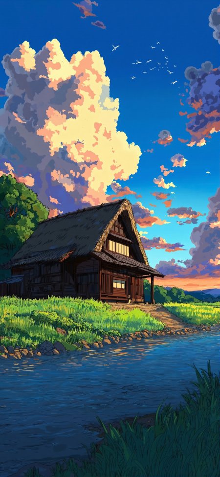 动漫日式小屋蓝天白云动漫手机壁纸