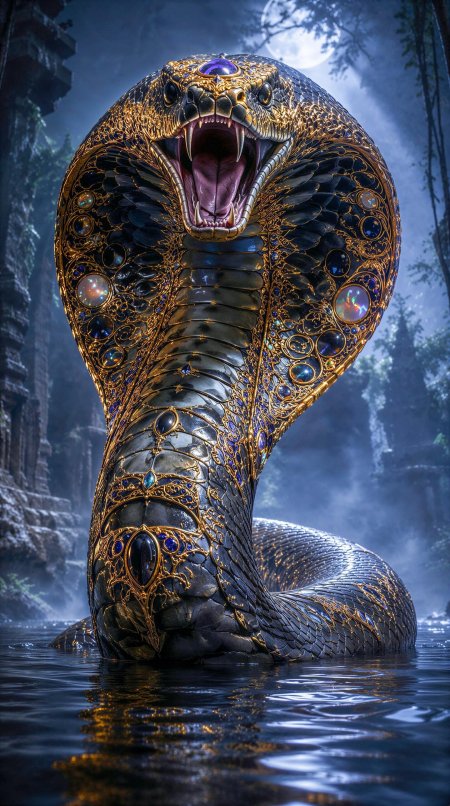 满月丛林珠宝眼镜蛇神秘奇幻插画动漫手机壁纸