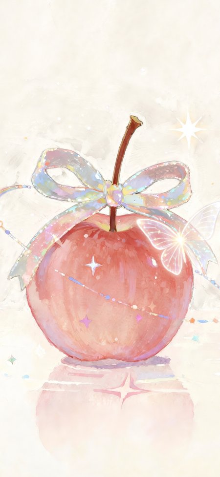 梦幻红色苹果蝴蝶结蝴蝶插画动漫手机壁纸