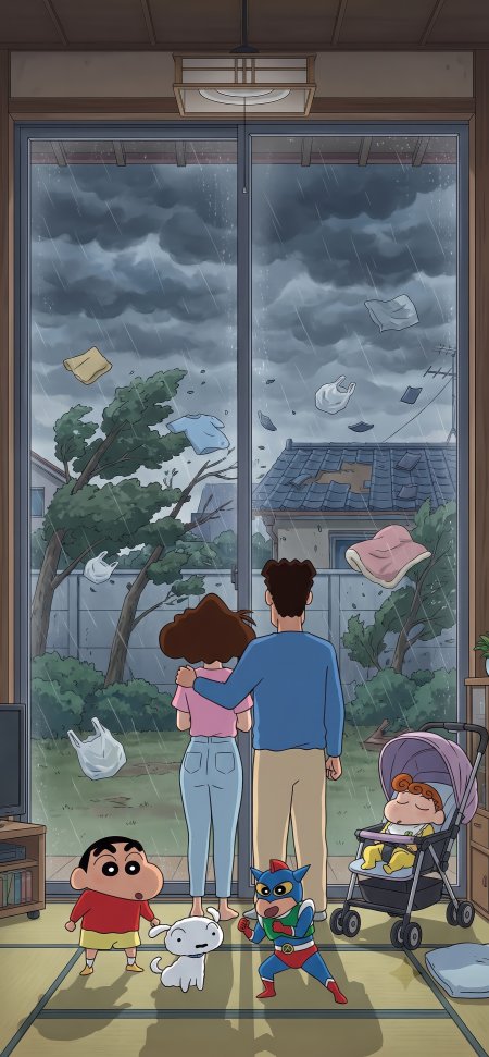 蜡笔小新野原一家躲雨温馨卡通动漫手机壁纸