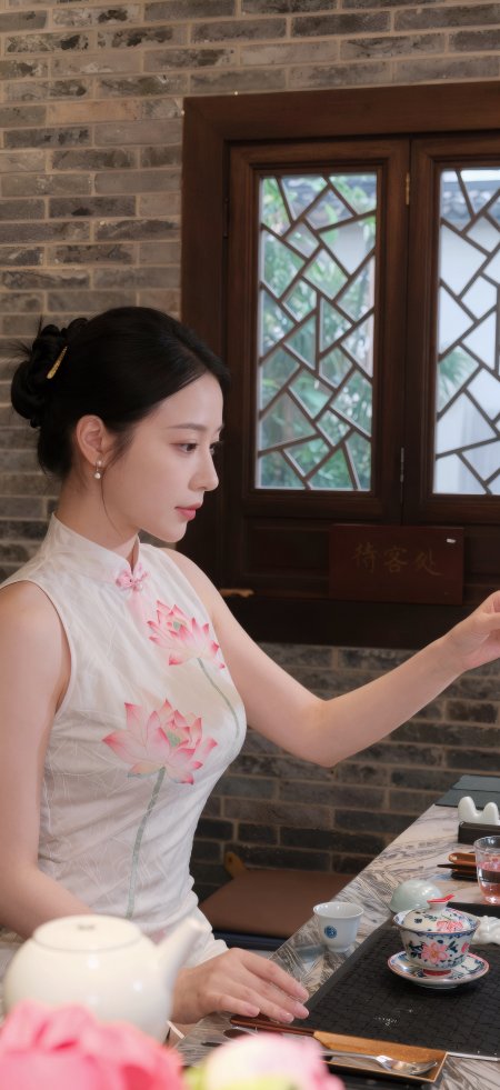 白旗袍莲花茶席国风侧颜古风美女手机壁纸