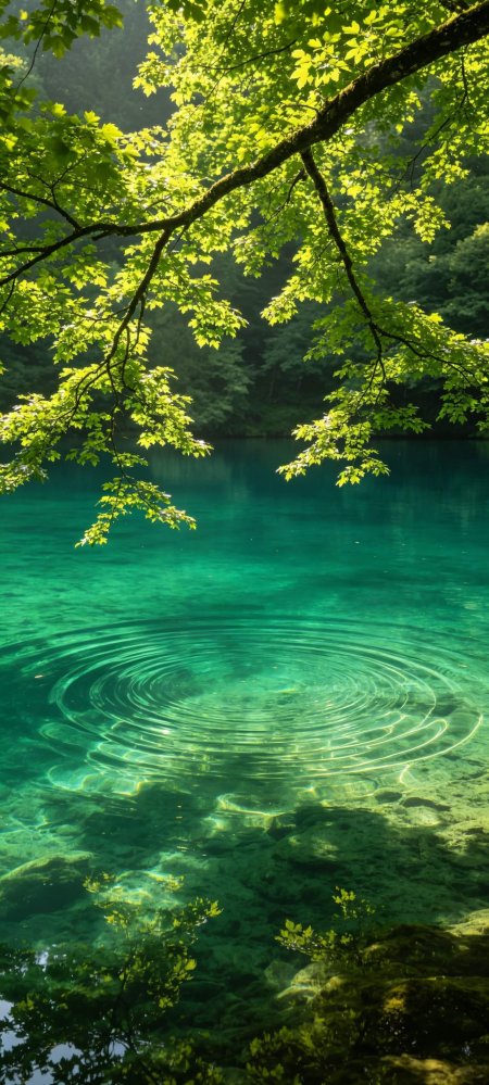 清澈湖水涟漪绿叶阳光治愈纹理手机壁纸
