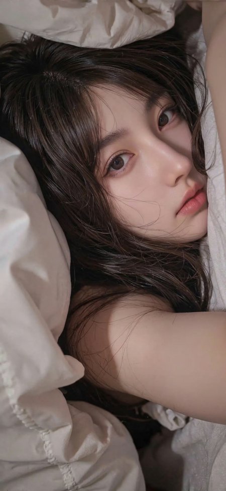清纯长发美女侧躺白被窝对视美女手机壁纸