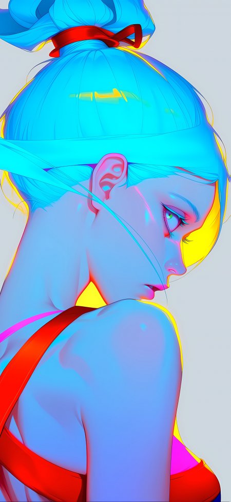 青发少女侧脸回眸霓虹插画动漫手机壁纸