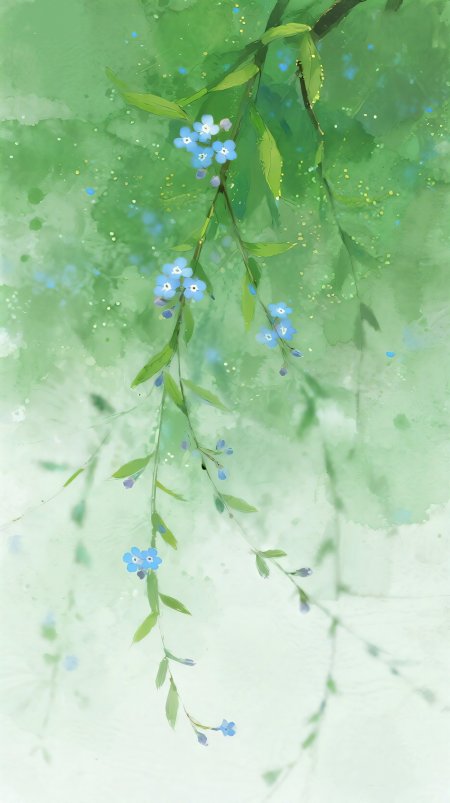 清新水彩蓝色小花绿叶治愈绘画手机壁纸