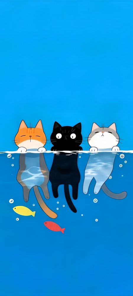 三只小猫水面游泳清新卡通动漫手机壁纸