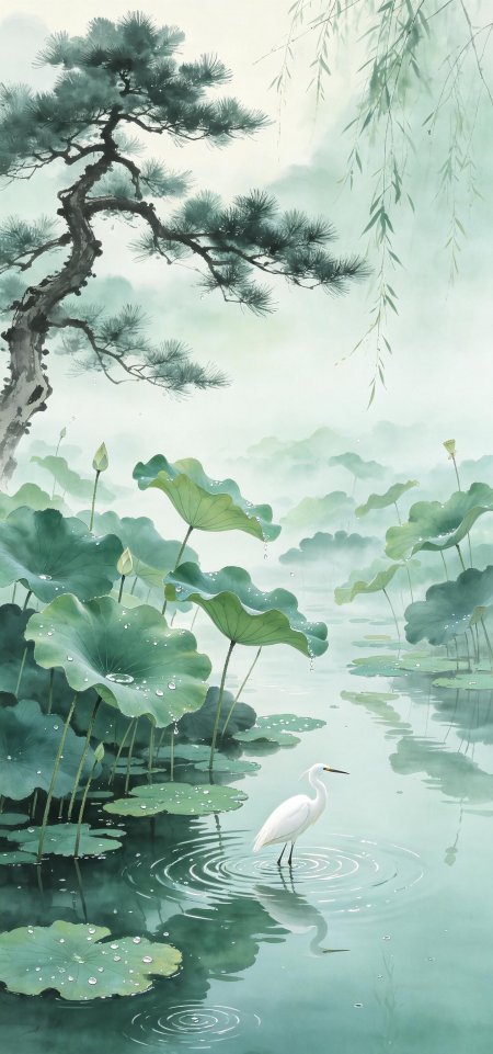 水墨荷塘白鹭立松柳禅意国风古风手机壁纸