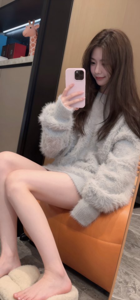 灰色毛衣居家镜前自拍甜美美女手机壁纸