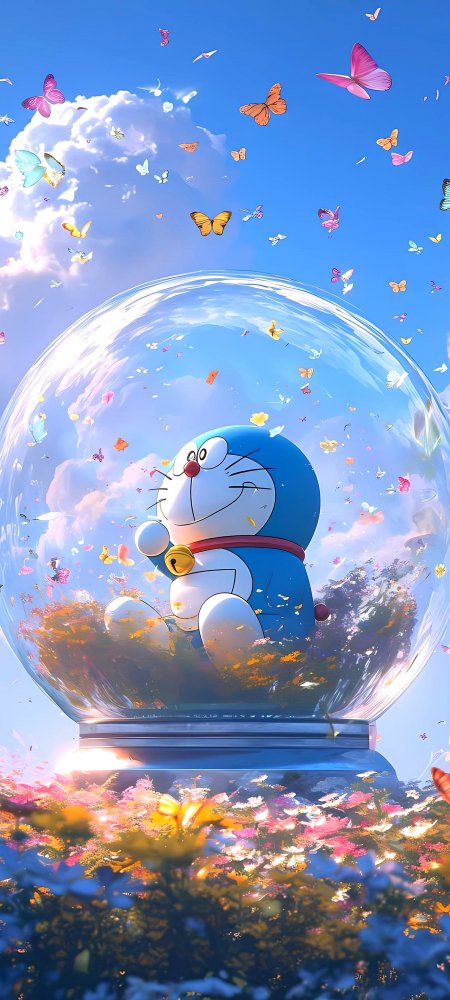 哆啦A梦水晶球花海蝴蝶动漫手机壁纸