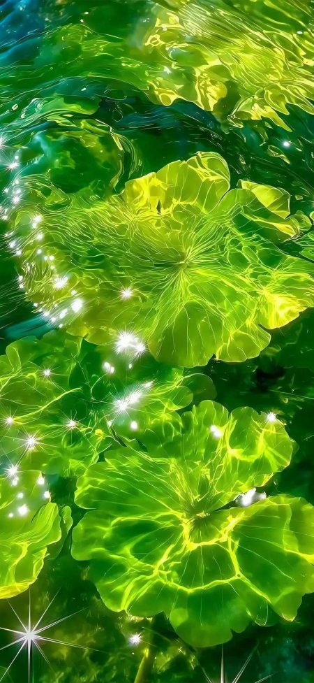 水中绿叶光影闪烁治愈植物纹理手机壁纸