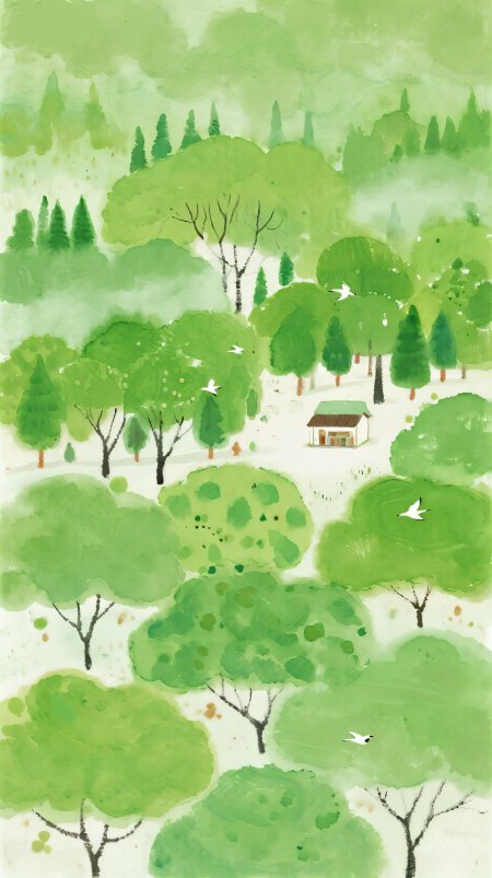 清新水彩绿林小屋小鸟治愈插画动漫手机壁纸