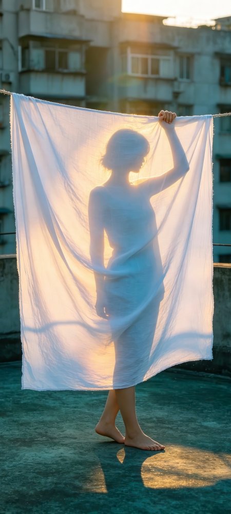 天台逆光白纱夕阳剪影唯美美女手机壁纸