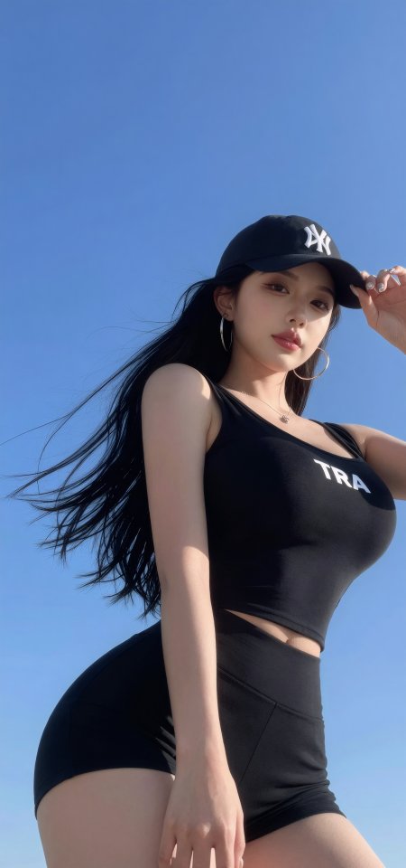 蓝天背景黑衣棒球帽运动风美女手机壁纸