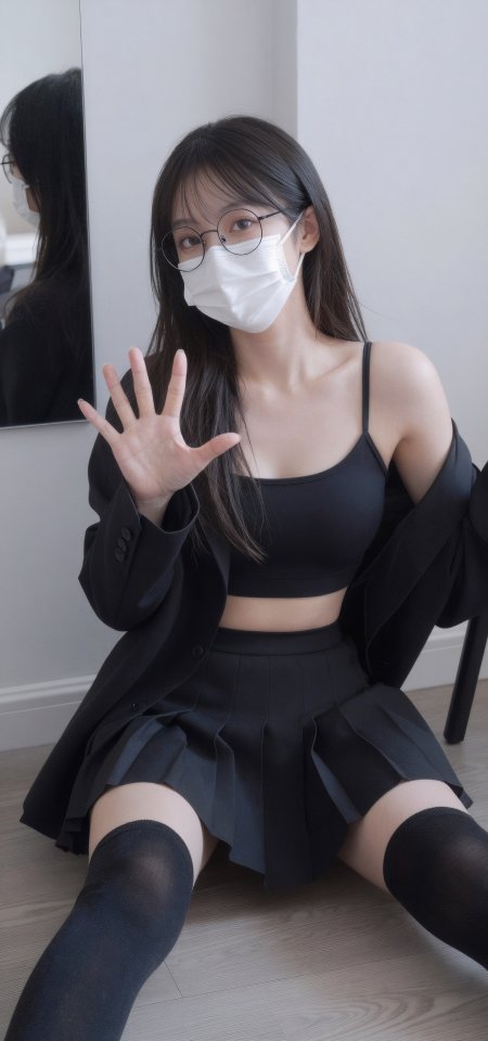 黑裙眼镜口罩过膝袜酷飒美女手机壁纸