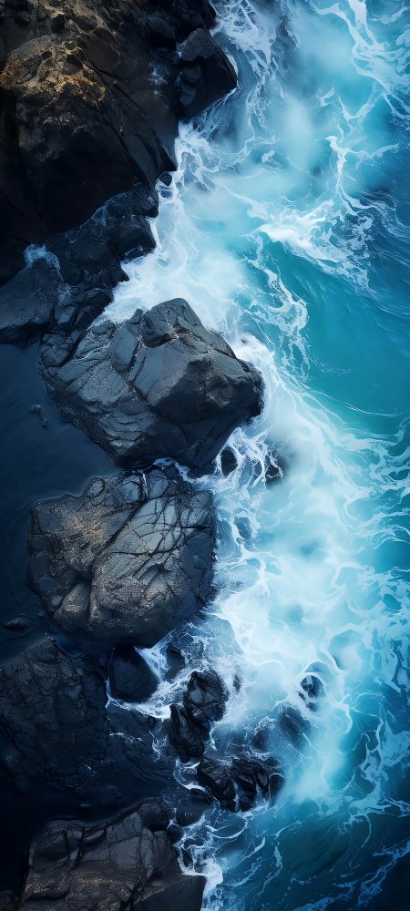 俯拍礁石浪花蓝海壮丽风景手机壁纸