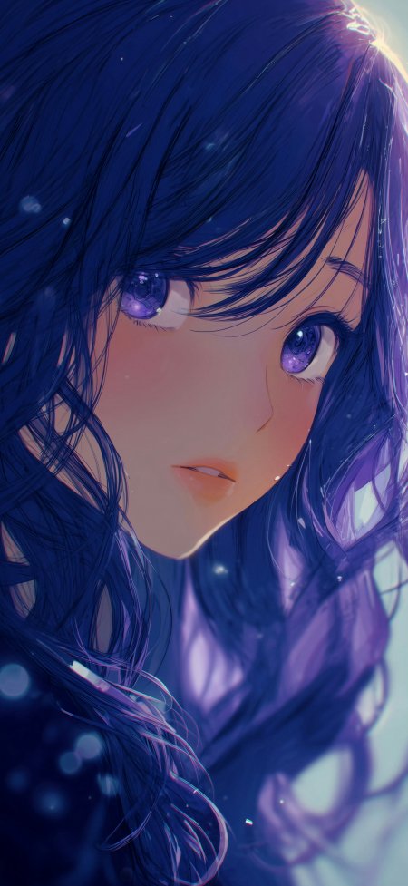 深蓝长发紫瞳星空眼唯美少女动漫手机壁纸