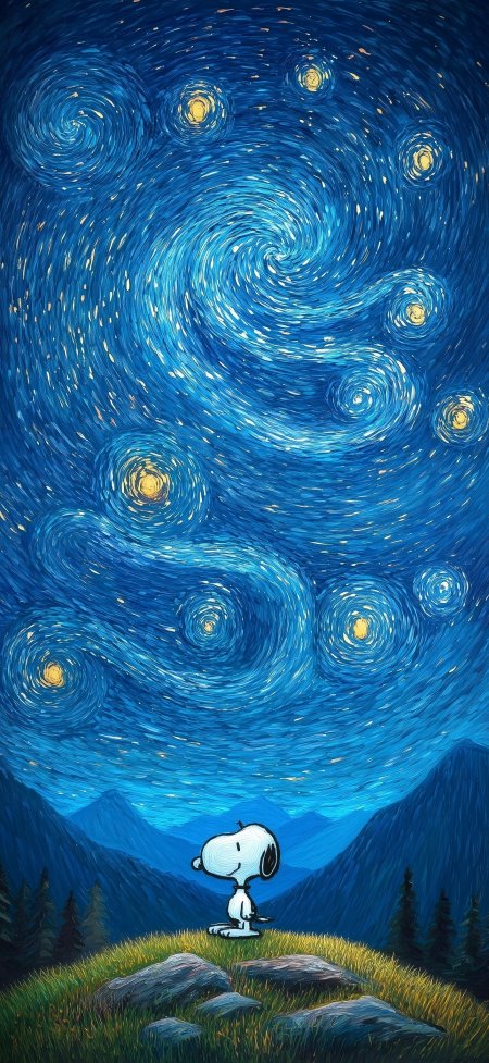 史努比仰望梵高星空油画治愈动漫手机壁纸