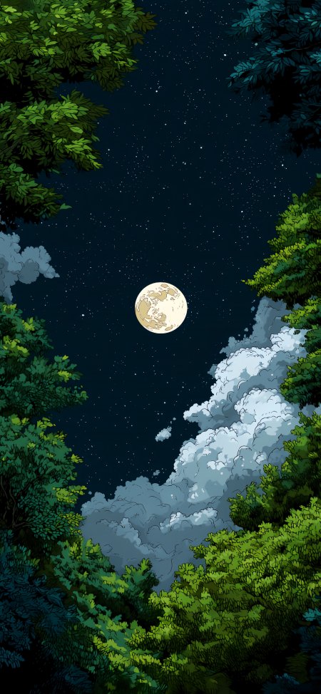 树影仰望满月星空治愈风景手机壁纸